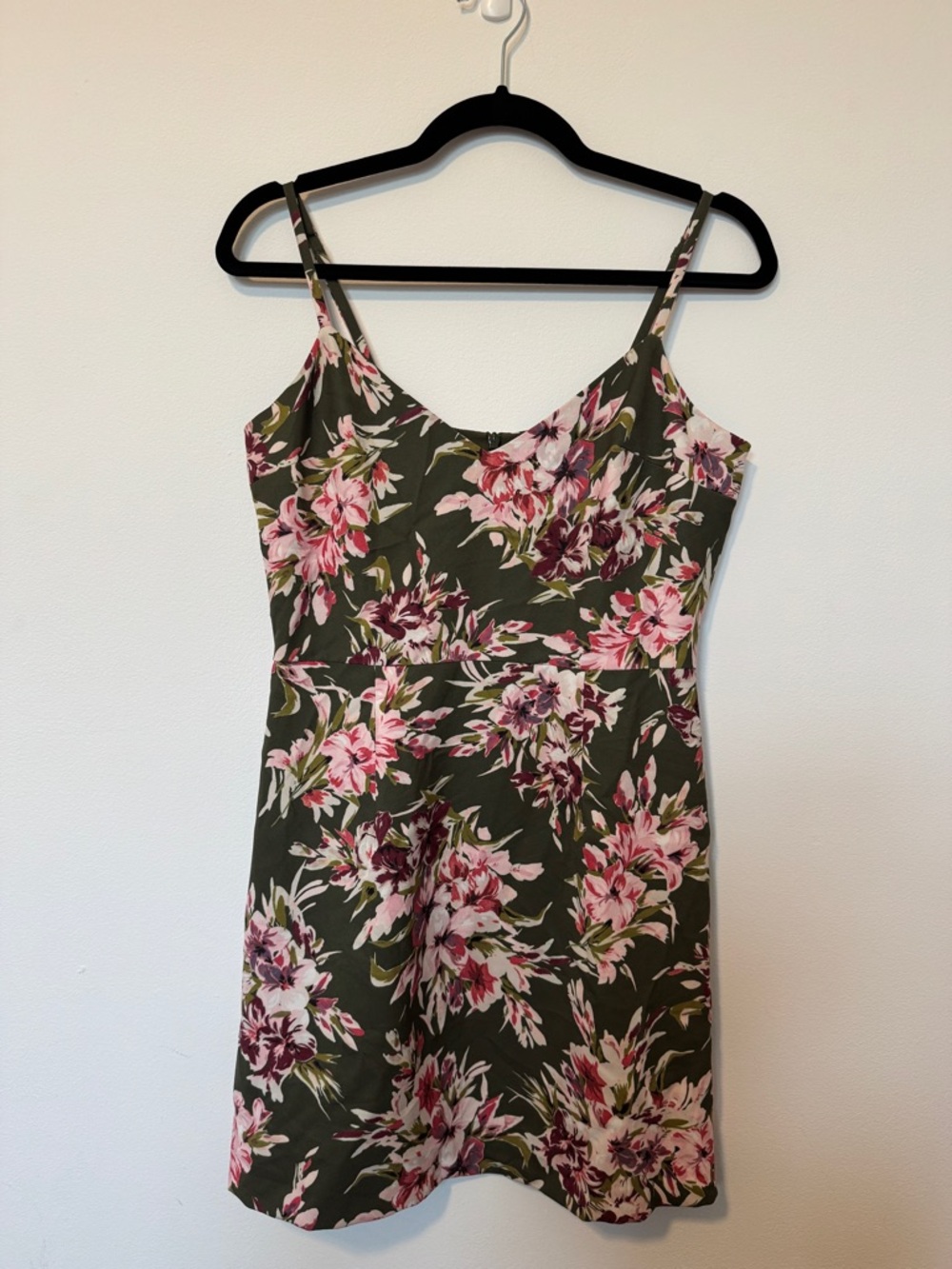 French Connection Olive Floral Slip Mini Dress with Pink Blooms